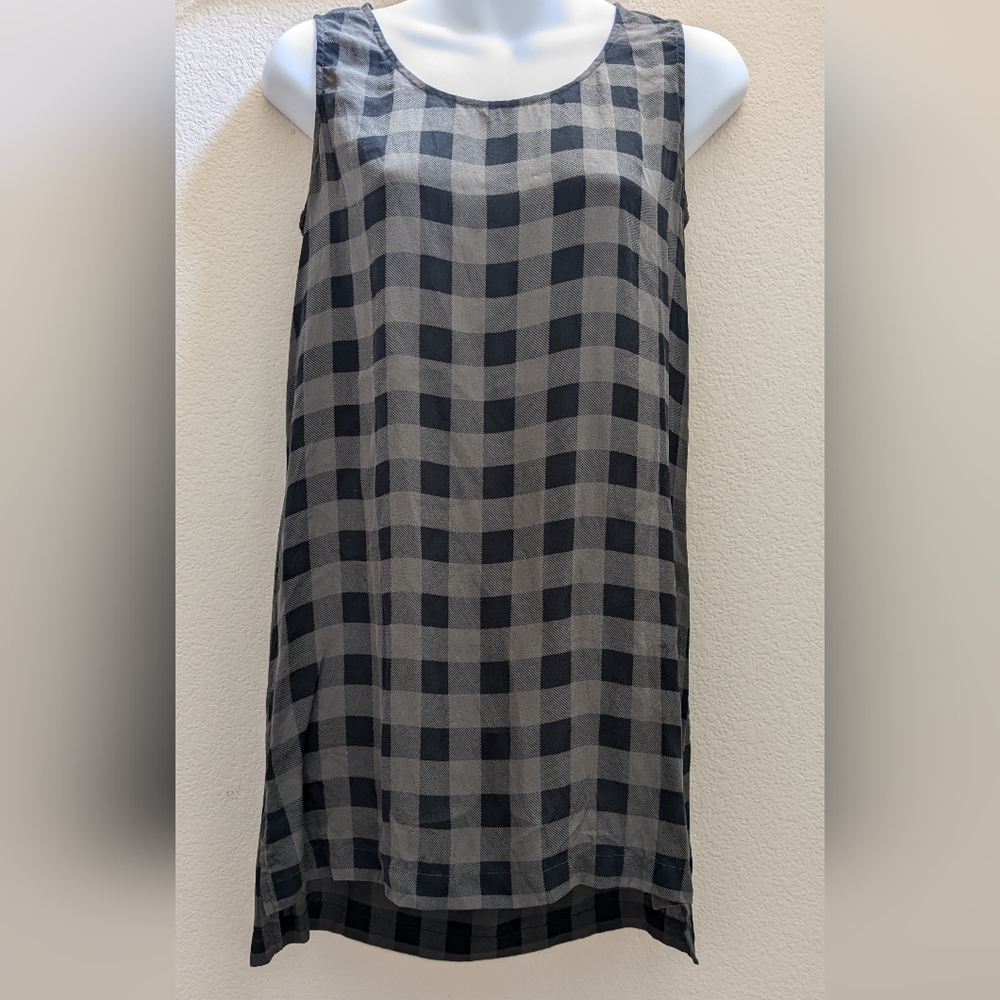 Eileen Fisher SILK Black and Olive Checkered Tunic Petite Small